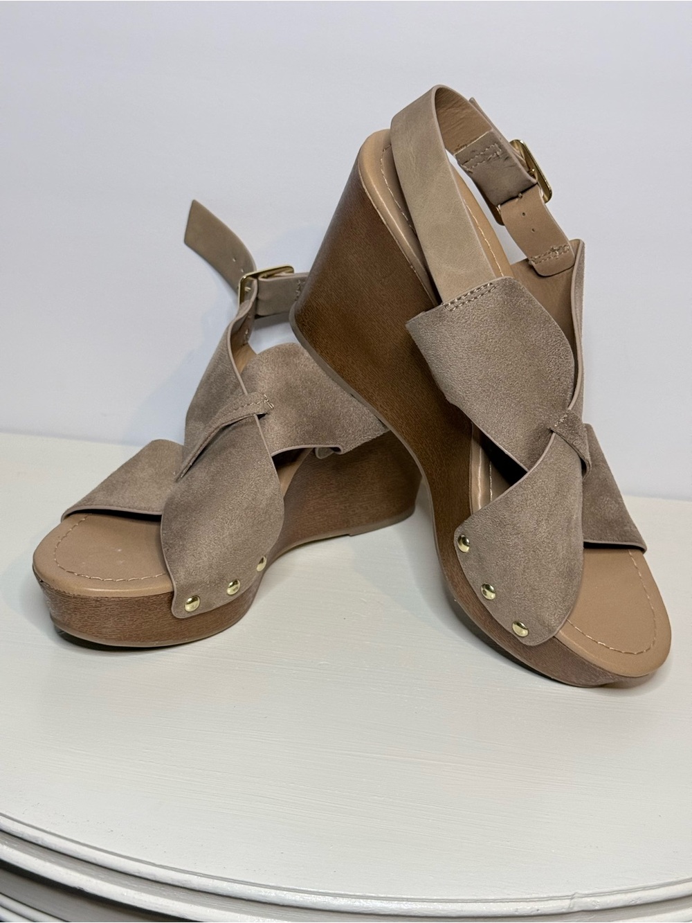 Cityclassified Boho Taupe Suede Knotted Wedge Buckle Slingback Sandals Size 9